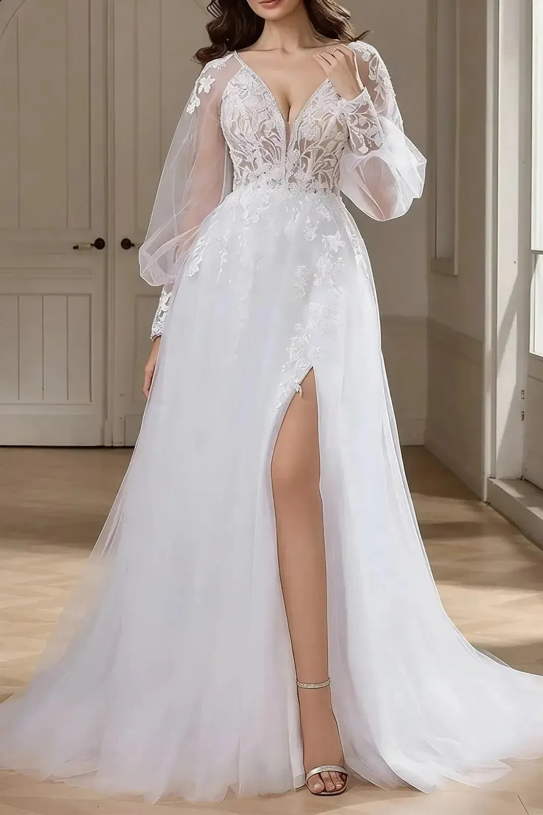 Dressystars A Line V Neck Long Sleeves Sweep Train Chiffon Lace Wedding Dress with Front Slit and Appliques