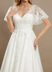 Dressystars A Line V Neck Short Sleeves Tea Length Satin Wedding Dress with Appliques