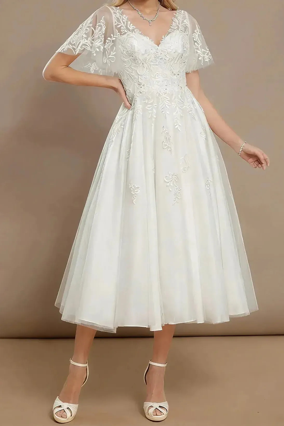 Dressystars A Line V Neck Short Sleeves Tea Length Satin Wedding Dress with Appliques