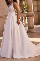 Dressystars A Line V Neck Sleeveless Sweep Train Satin Wedding Dress with Appliques