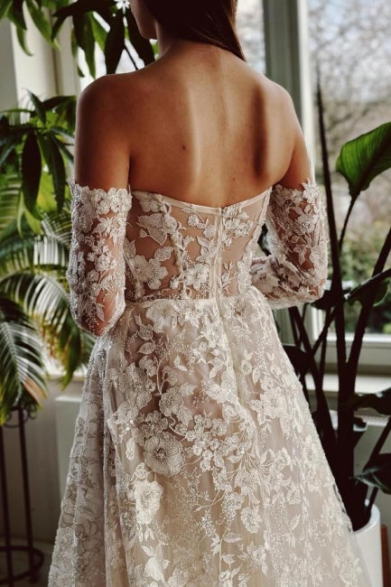 Dressystars A Line Wedding Dress Off The Shoulder Lace Beading Bridal Gown With Sleeves