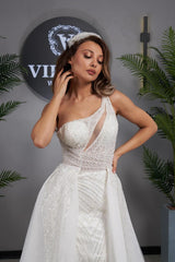 Dressystars A Line Wedding Dress One Shoulder Sleeveless Appliques Tulle Bridal Gown with Panel Train
