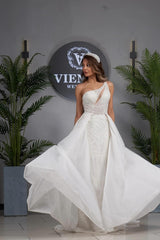 Dressystars A Line Wedding Dress One Shoulder Sleeveless Appliques Tulle Bridal Gown with Panel Train