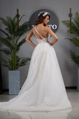 Dressystars A Line Wedding Dress One Shoulder Sleeveless Appliques Tulle Bridal Gown with Panel Train