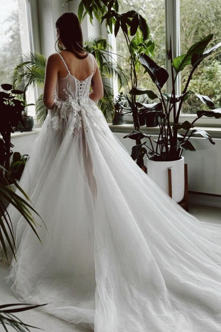 Dressystars A Line Wedding Dress Spaghetti Straps Tulle Lace Bridal Gown With Slit