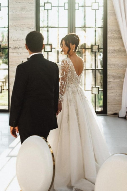 Dressystars A Line Wedding Dress V Neck Lace Bridal Gown With Sleeves