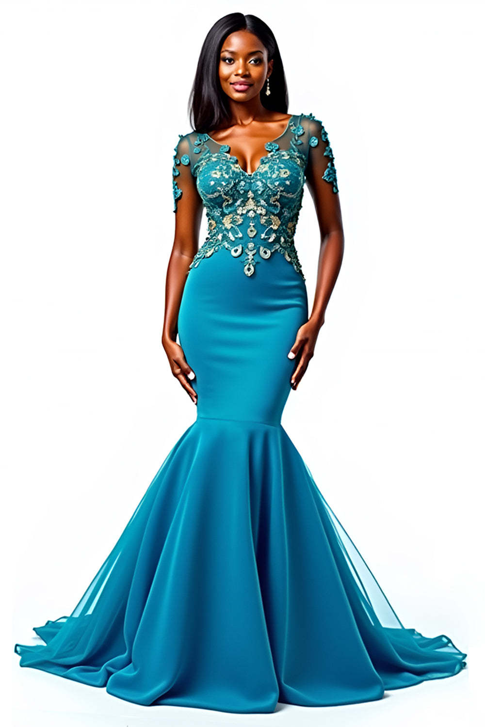 Dressystars Appliqued Blue Wedding Guest Dress Mermaid Long Formal Dress With Short Sleeves