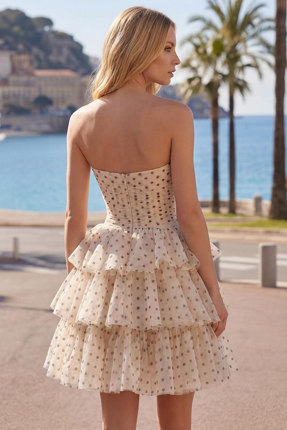 Dressystars Apricot & Black Polka Dot Strapless Keyhole A-Line Short Homecoming Dress