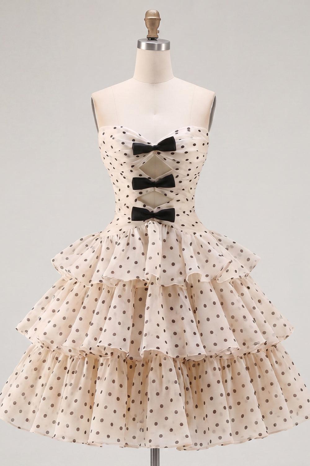 Dressystars Apricot & Black Polka Dot Strapless Keyhole A-Line Short Homecoming Dress