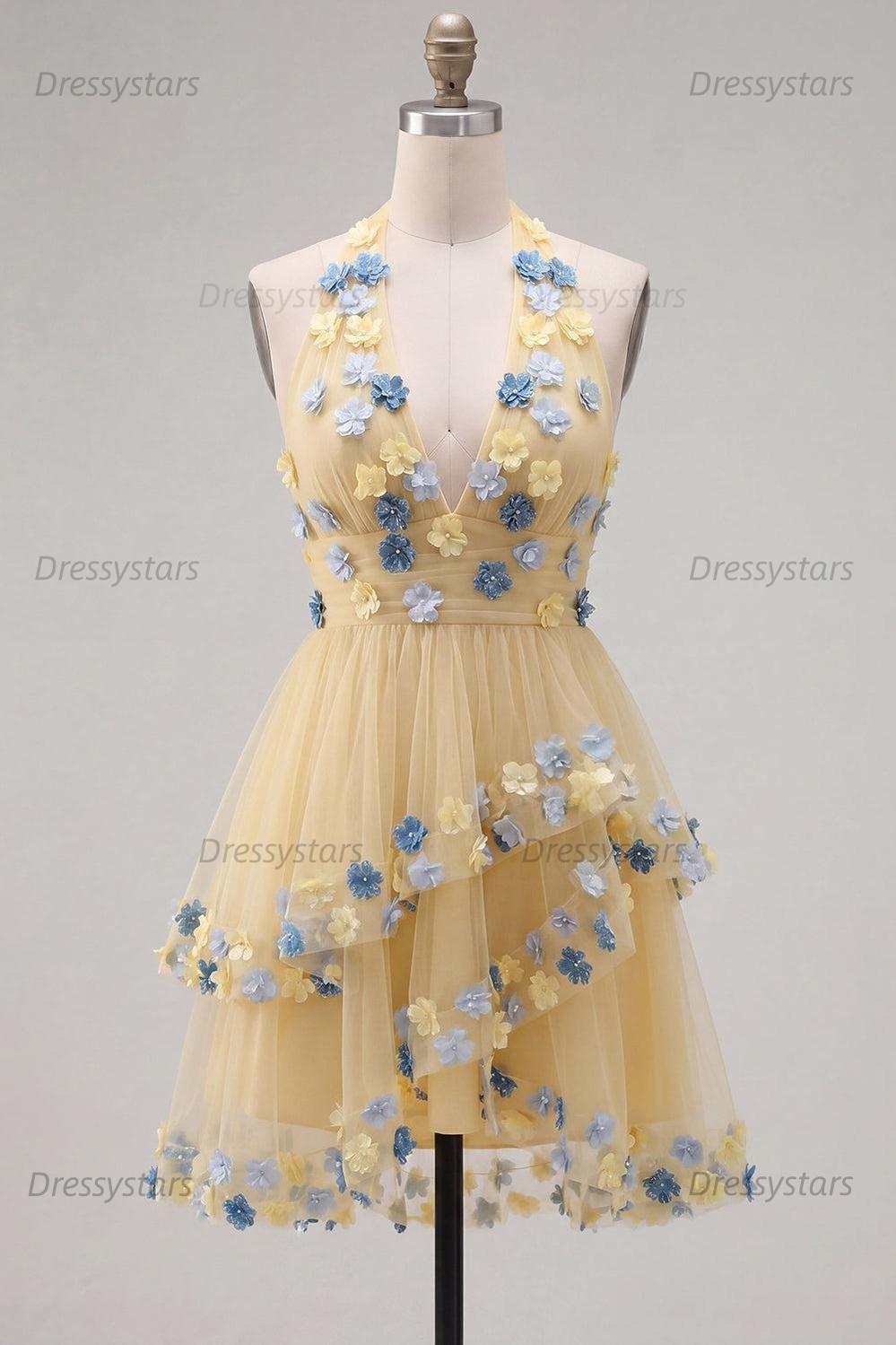 Dressystars Apricot Floral Halter Tiered A-Line Short Homecoming Dress