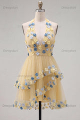 Dressystars Apricot Floral Halter Tiered A-Line Short Homecoming Dress