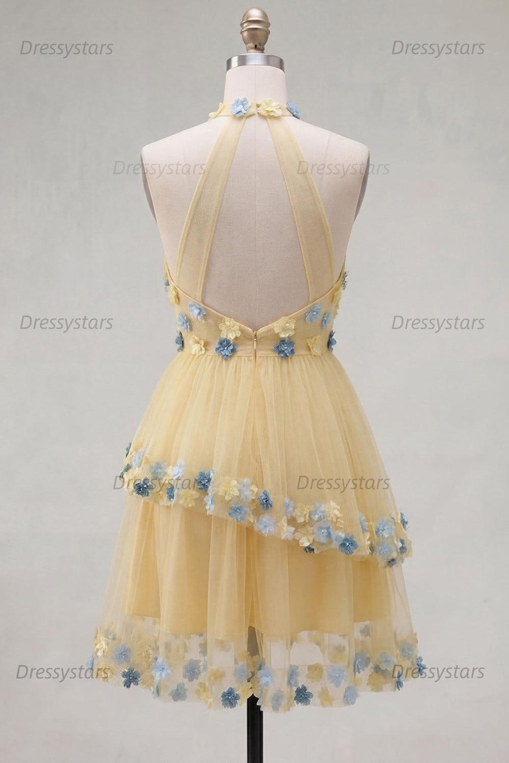 Dressystars Apricot Floral Halter Tiered A-Line Short Homecoming Dress