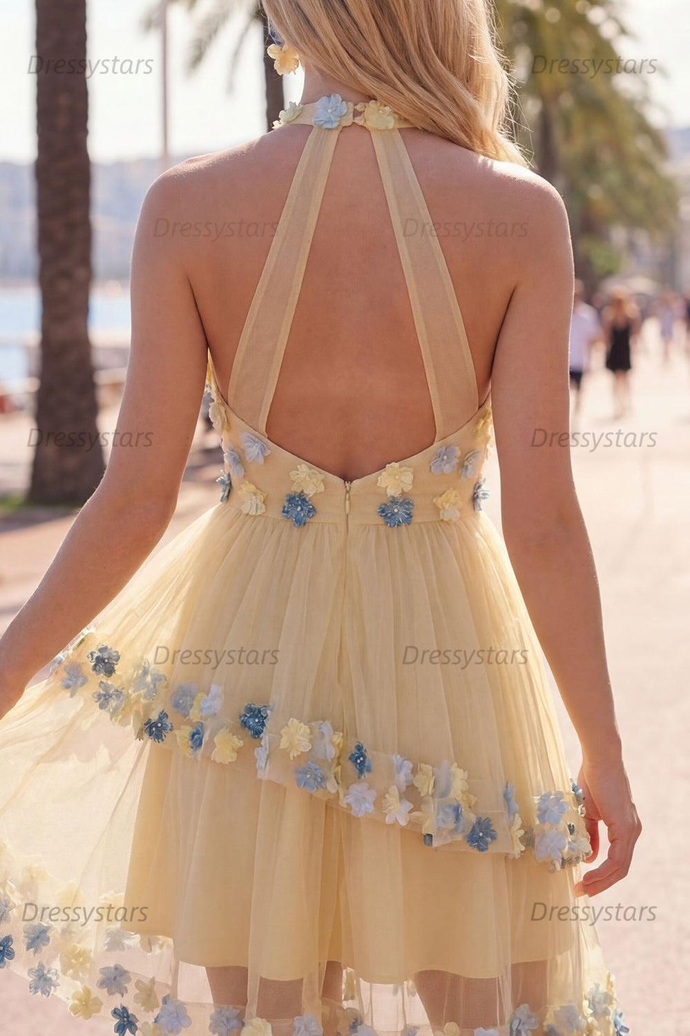 Dressystars Apricot Floral Halter Tiered A-Line Short Homecoming Dress