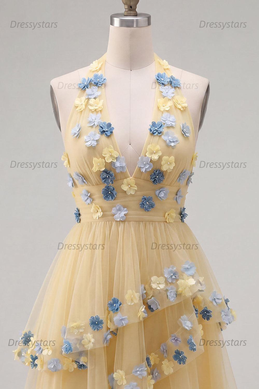 Dressystars Apricot Floral Halter Tiered A-Line Short Homecoming Dress