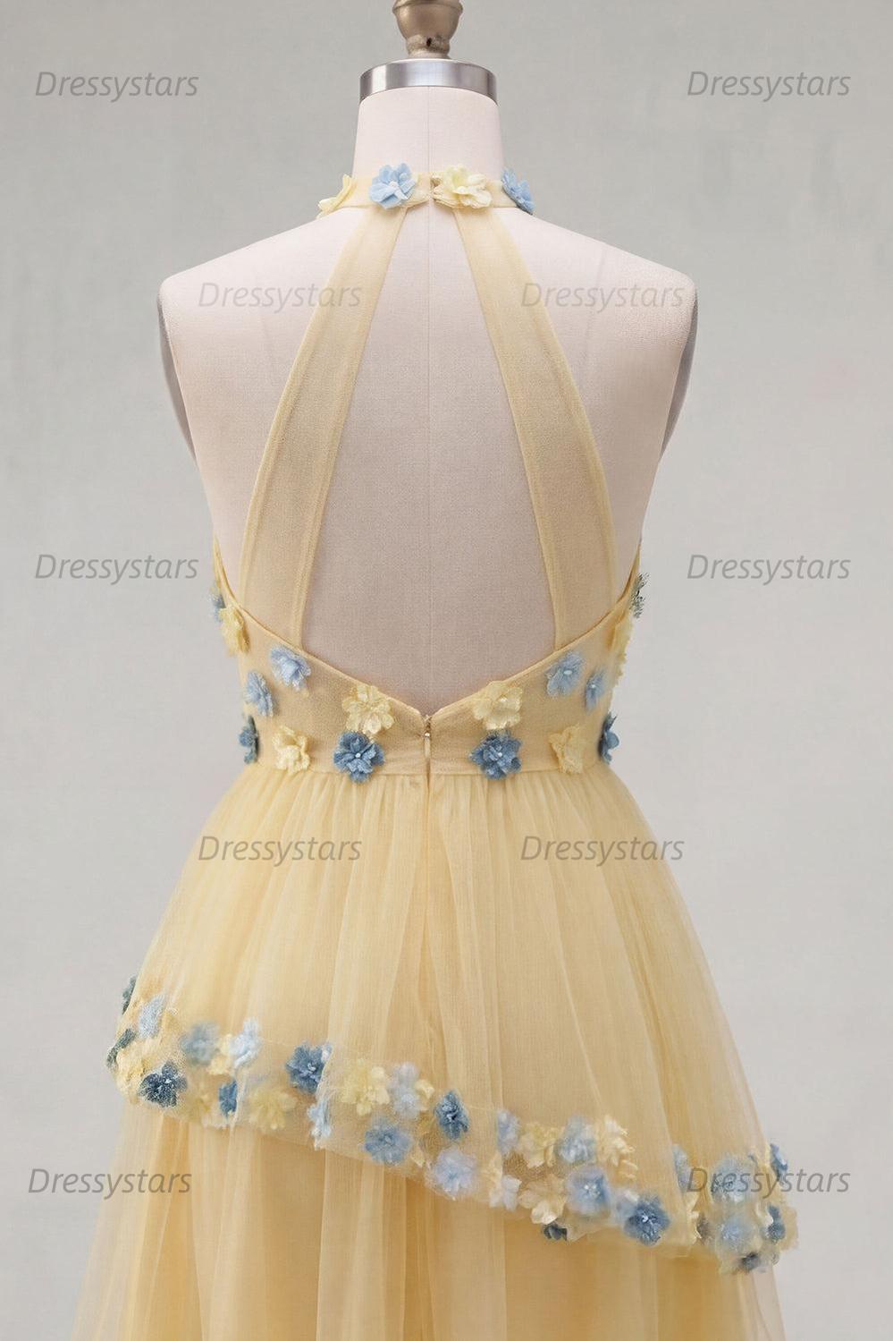 Dressystars Apricot Floral Halter Tiered A-Line Short Homecoming Dress