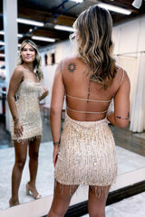 Dressystars Apricot Sequin Tight Short Prom Dress with Fringes