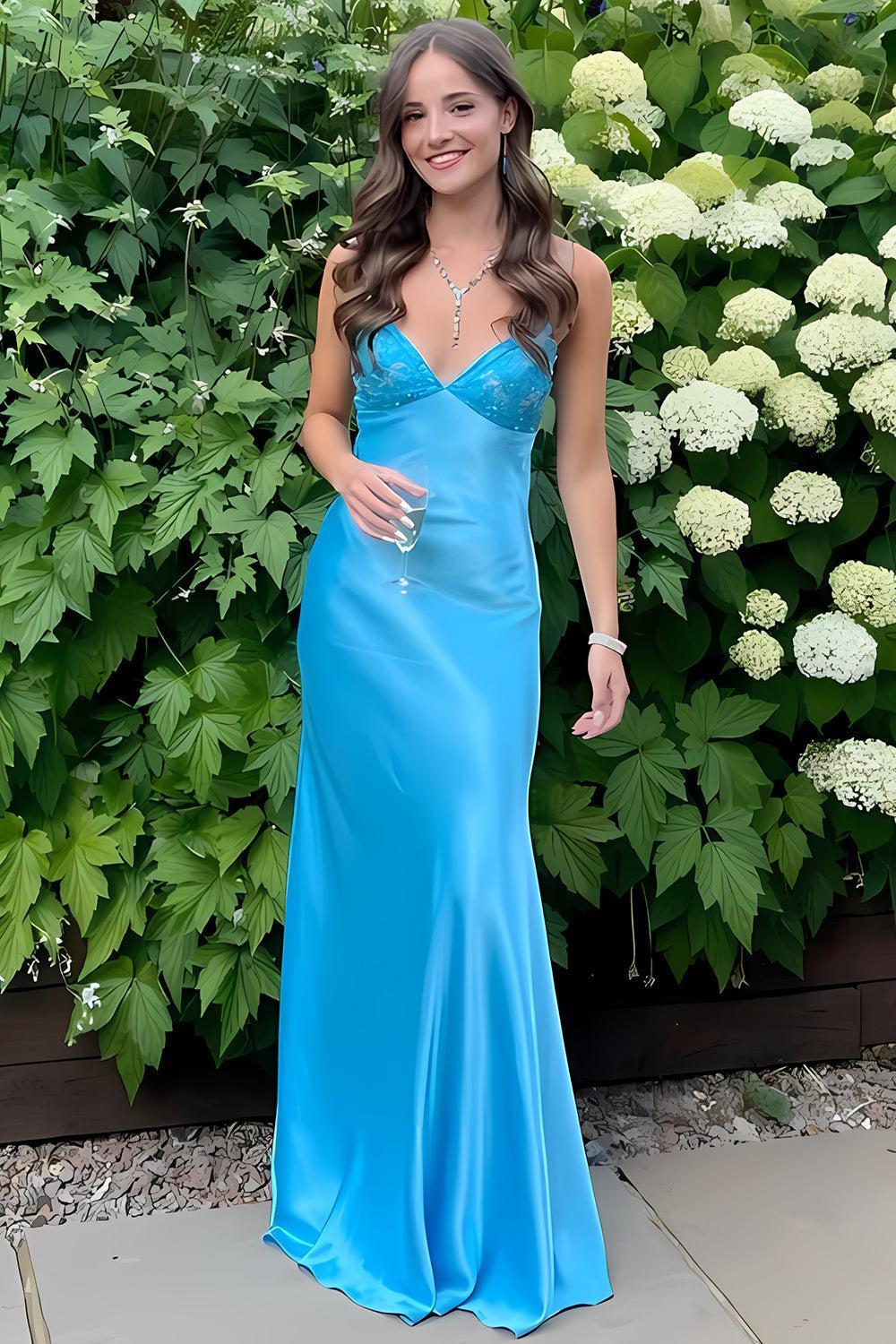 Dressystars Aqua Blue Spaghetti Strap Long Satin Prom Dress With Lace Bodice Formal Evening Gown