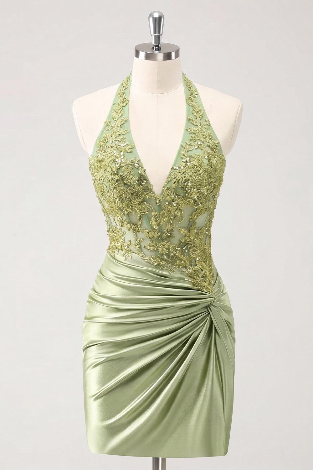 Dressystars Army Green Ruched Appliqued Halter Tight Corset Short Homecoming Dress