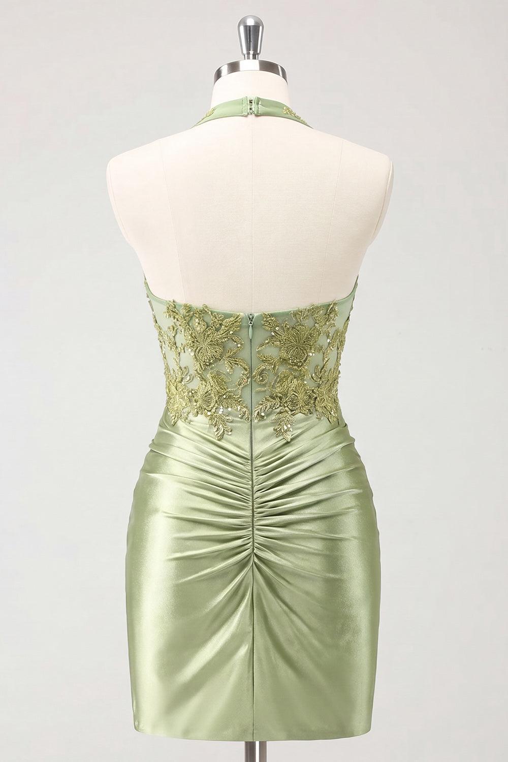 Dressystars Army Green Ruched Appliqued Halter Tight Corset Short Homecoming Dress