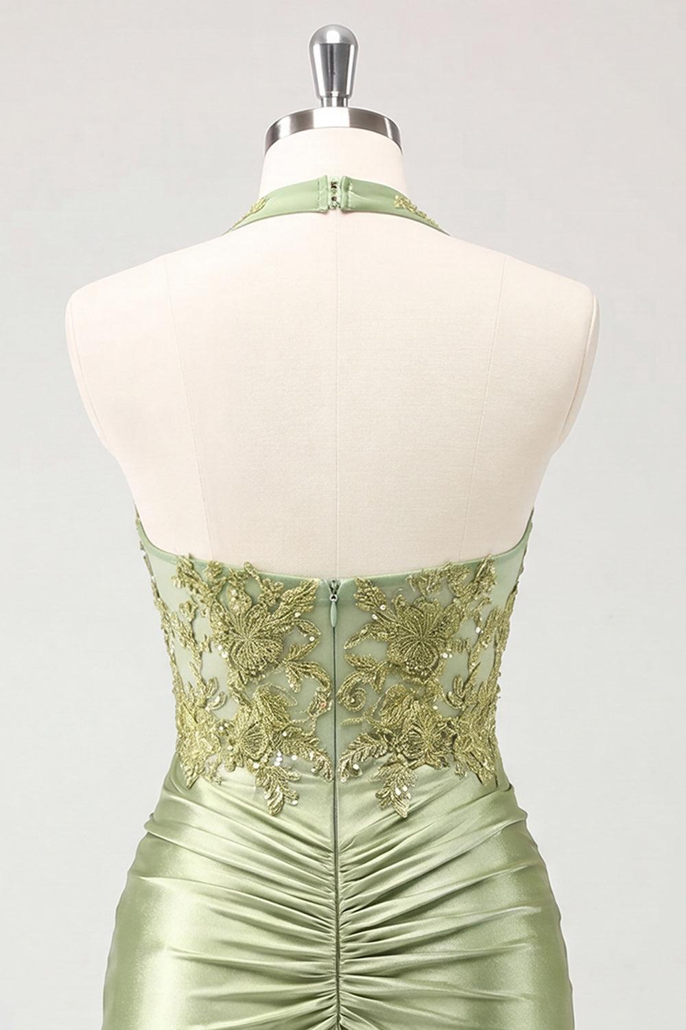 Dressystars Army Green Ruched Appliqued Halter Tight Corset Short Homecoming Dress