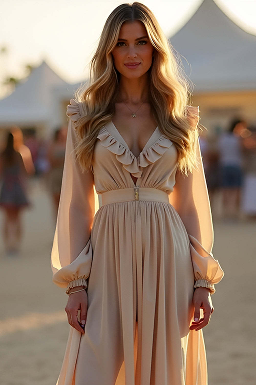 Dressystars Asymmetrical Length Apricot Wedding Guest Dress Ruffled Formal Dress With Long Sleeves