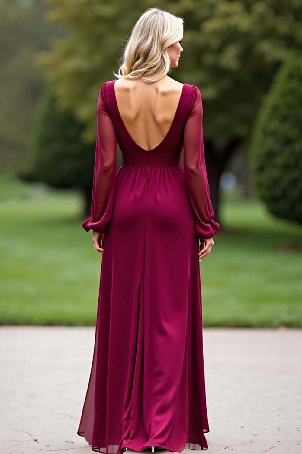 Dressystars Backless Long Burgundy Wedding Guest Dress V-Neck Chiffon Formal Dress With Slit