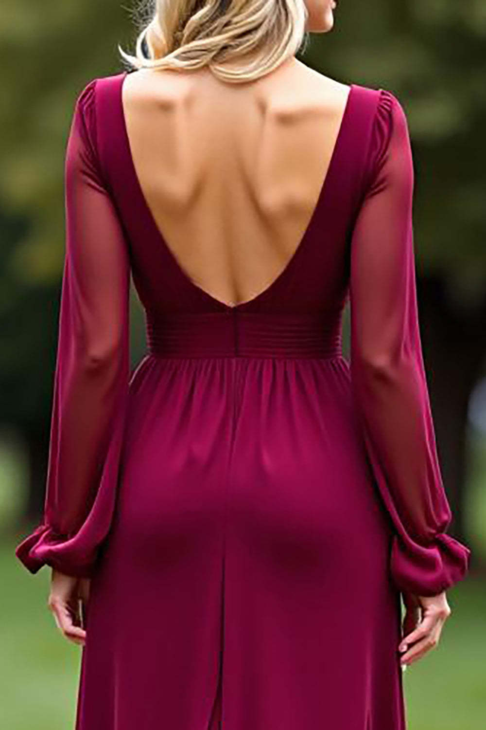 Dressystars Backless Long Burgundy Wedding Guest Dress V-Neck Chiffon Formal Dress With Slit