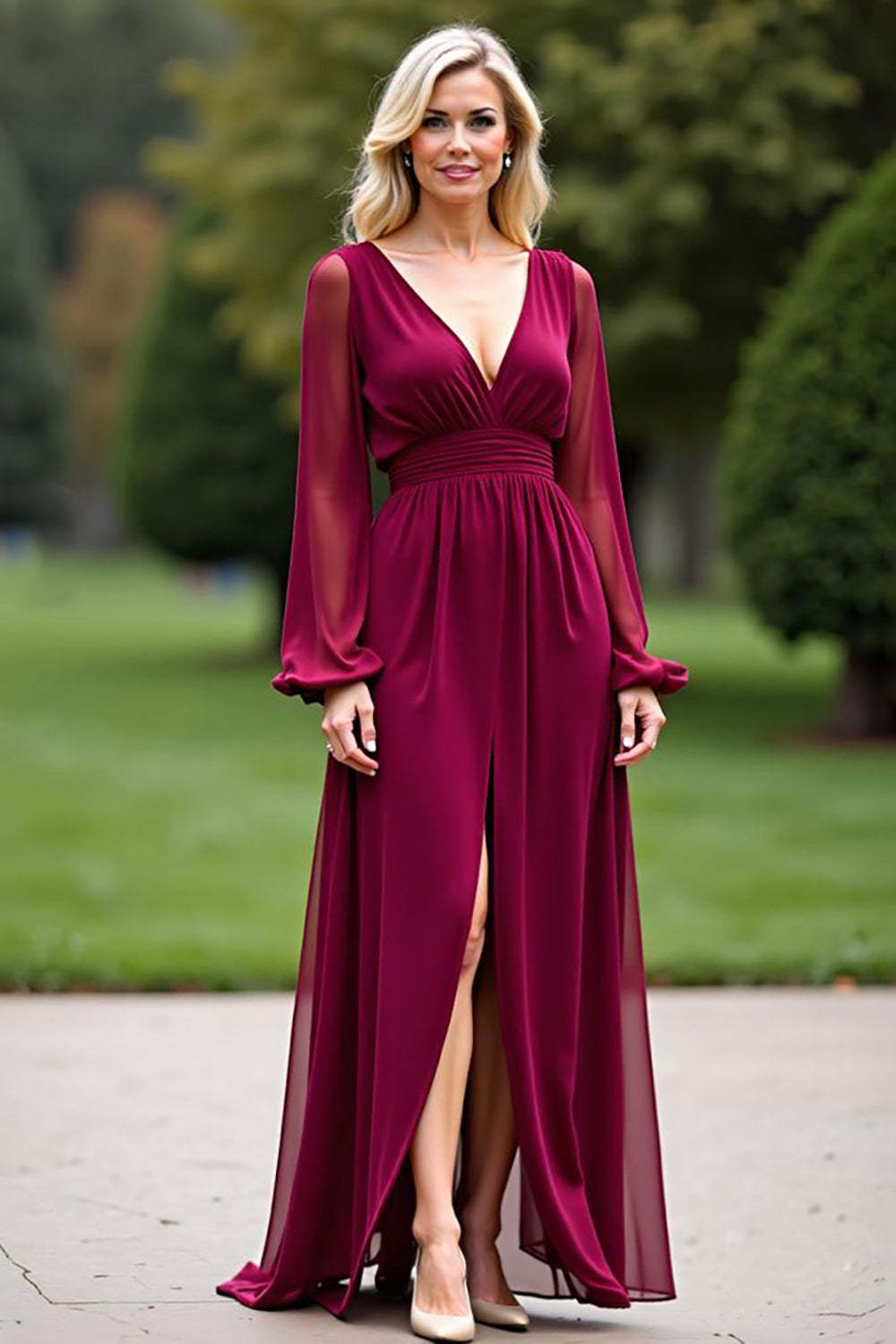 Dressystars Backless Long Burgundy Wedding Guest Dress V-Neck Chiffon Formal Dress With Slit