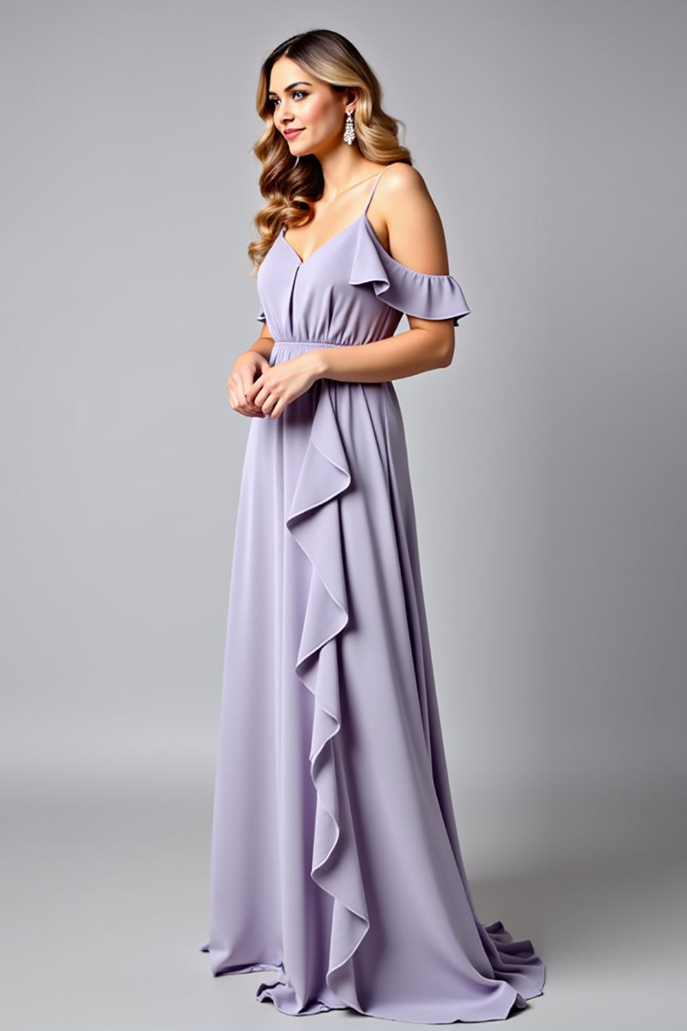 Dressystars Backless Ruched Lilac V-Neck Long Formal Dress