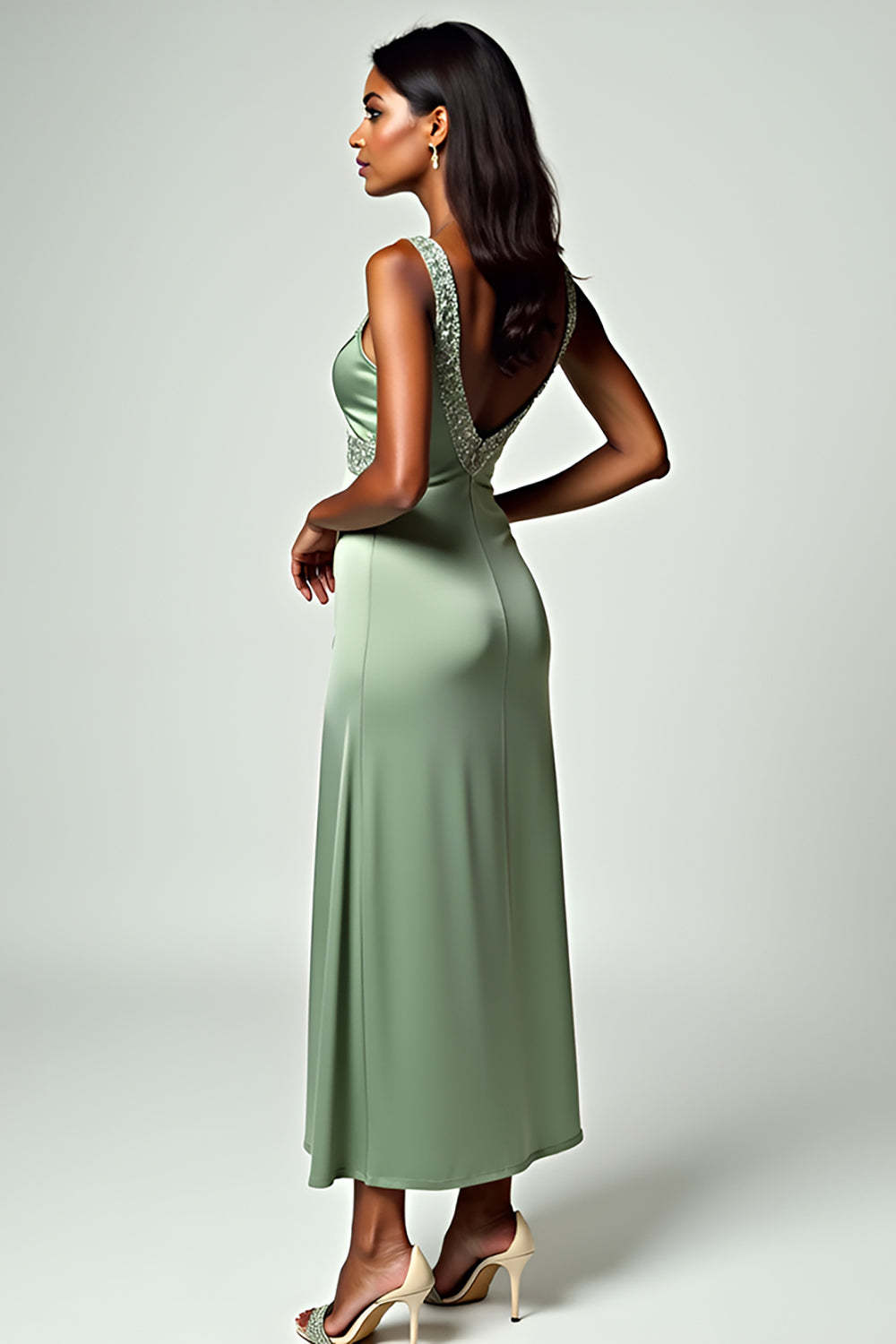 Dressystars Backless Tea-Length Column Dusty Sage Wedding Guest Dress Formal Dress With Beading