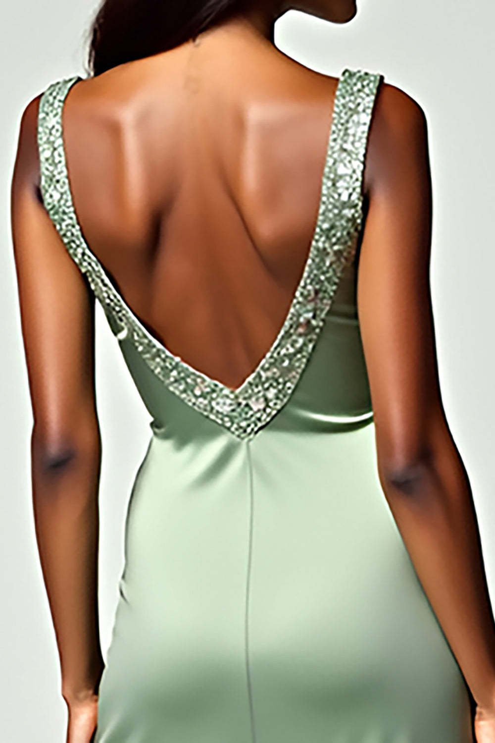 Dressystars Backless Tea-Length Column Dusty Sage Wedding Guest Dress Formal Dress With Beading