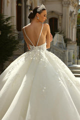 Dressystars Ball Gown Lace Spaghetti Straps Sleeveless White Wedding Dress Bridal Gown With Appliques Train