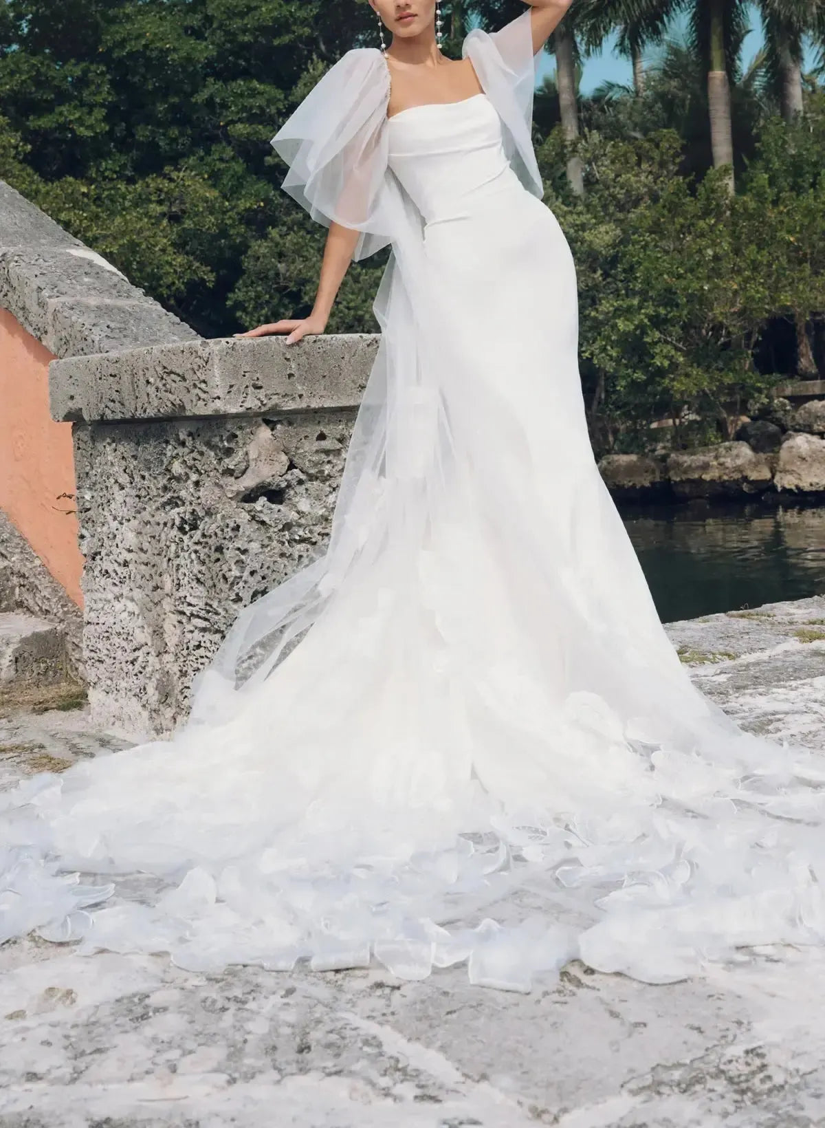 Dressystars Ball Gown Off the Shoulder Cape Sleeves Chapel Train Crepe Satin Wedding Dress with Flower