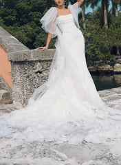 Dressystars Ball Gown Off the Shoulder Cape Sleeves Chapel Train Crepe Satin Wedding Dress with Flower