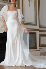 Dressystars Ball Gown Off the Shoulder Cape Sleeves Chapel Train Crepe Satin Wedding Dress with Flower