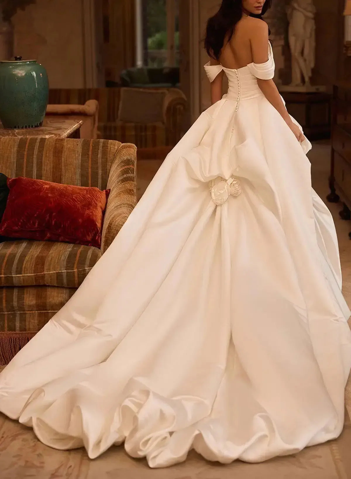 Dressystars Ball Gown Off the Shoulder Sleeveless Cathedral Satin Wedding Dress with Flowers
