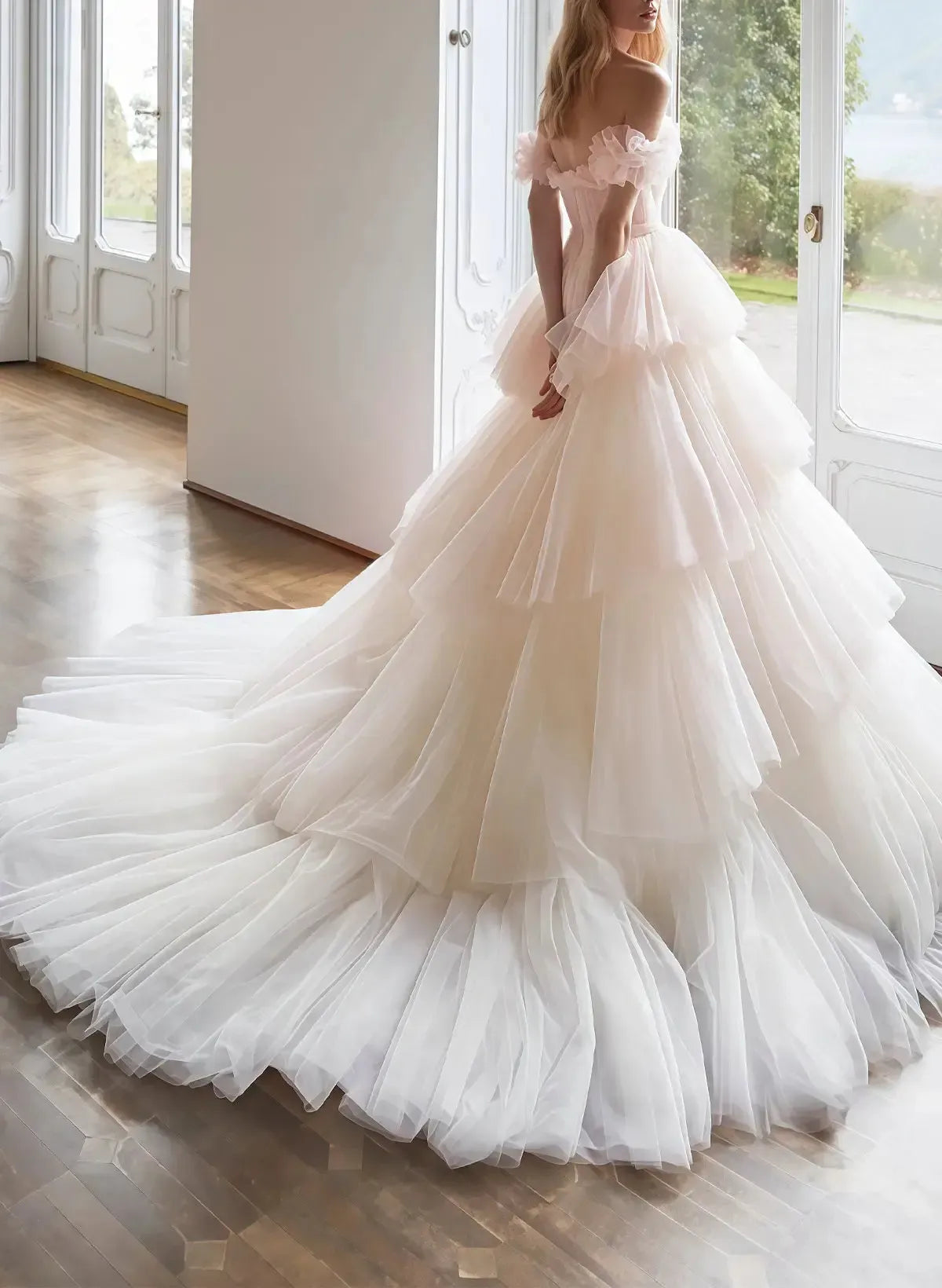 Dressystars Ball Gown Off the Shoulder Sleeveless Chapel Train Satin Tulle Wedding Dress with Cascading Ruffles