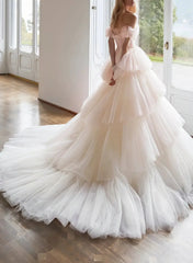 Dressystars Ball Gown Off the Shoulder Sleeveless Chapel Train Satin Tulle Wedding Dress with Cascading Ruffles