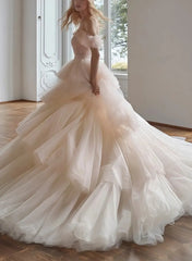 Dressystars Ball Gown Off the Shoulder Sleeveless Chapel Train Satin Tulle Wedding Dress with Cascading Ruffles