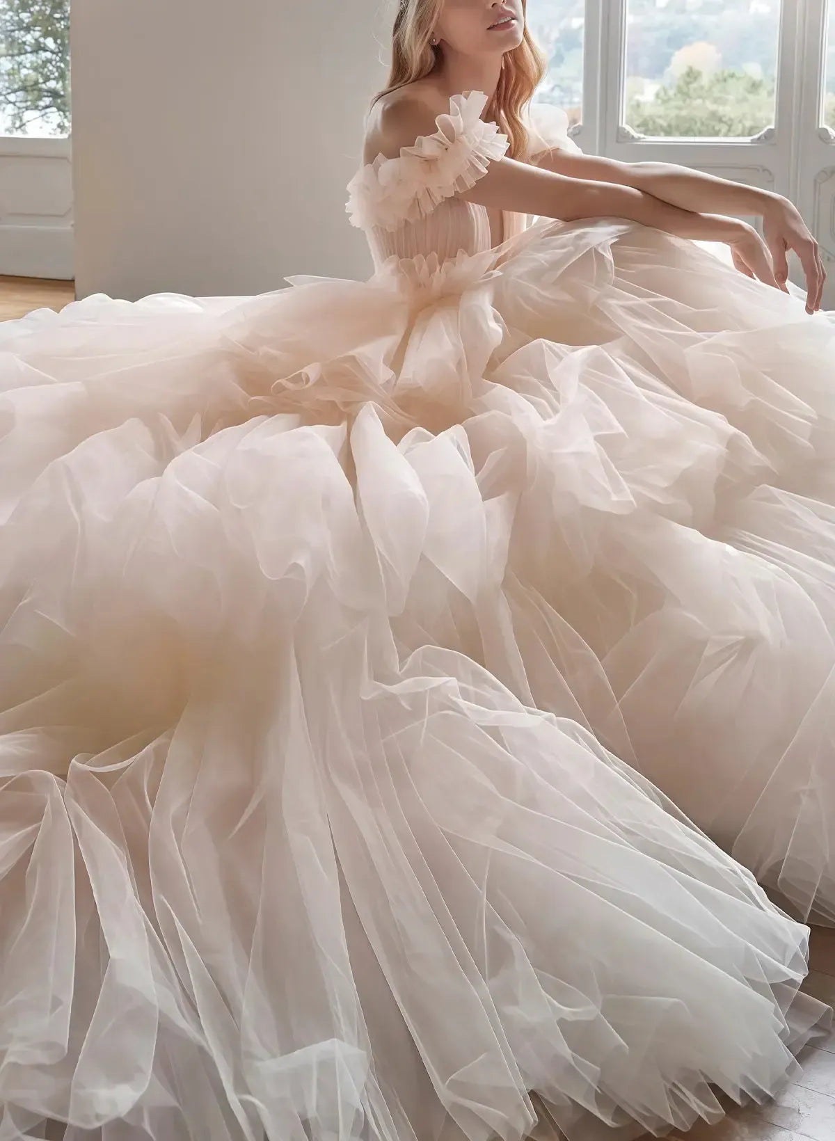 Dressystars Ball Gown Off the Shoulder Sleeveless Chapel Train Satin Tulle Wedding Dress with Cascading Ruffles