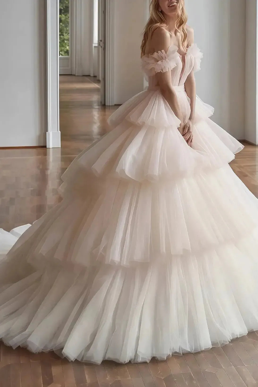 Dressystars Ball Gown Off the Shoulder Sleeveless Chapel Train Satin Tulle Wedding Dress with Cascading Ruffles