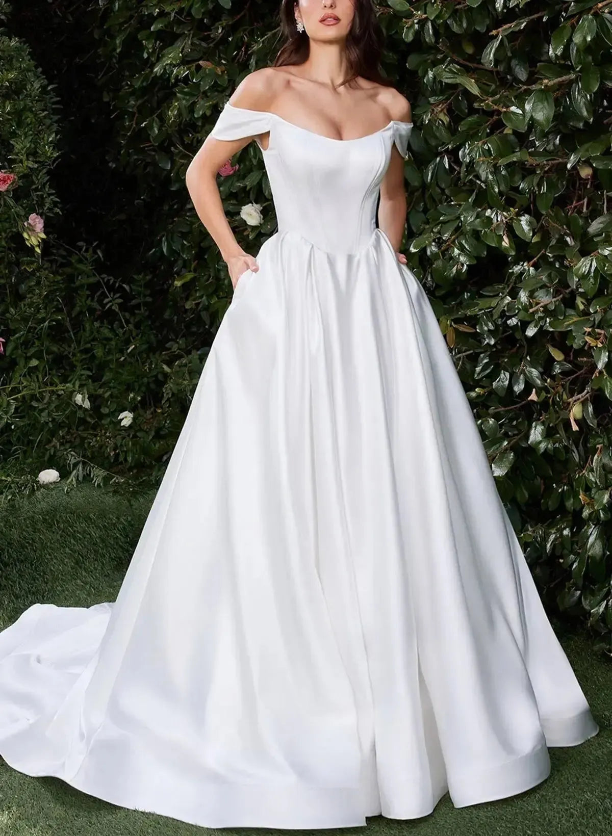 Dressystars Ball Gown Off the Shoulder Sleeveless Court Train Matte Satin Wedding Dress with Pockets