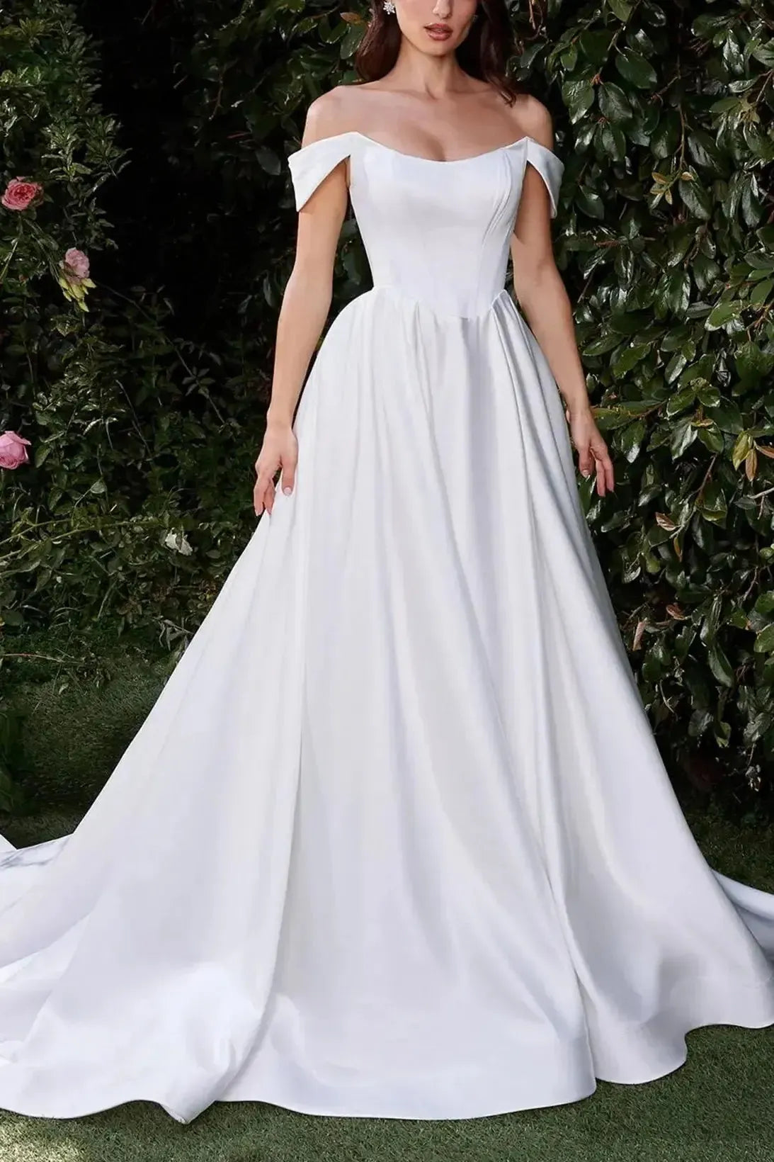 Dressystars Ball Gown Off the Shoulder Sleeveless Court Train Matte Satin Wedding Dress with Pockets