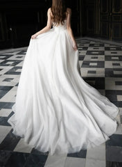 Dressystars Ball Gown One Shoulder Sleeveless Chapel Train Chiffon Wedding Dress with Pockets