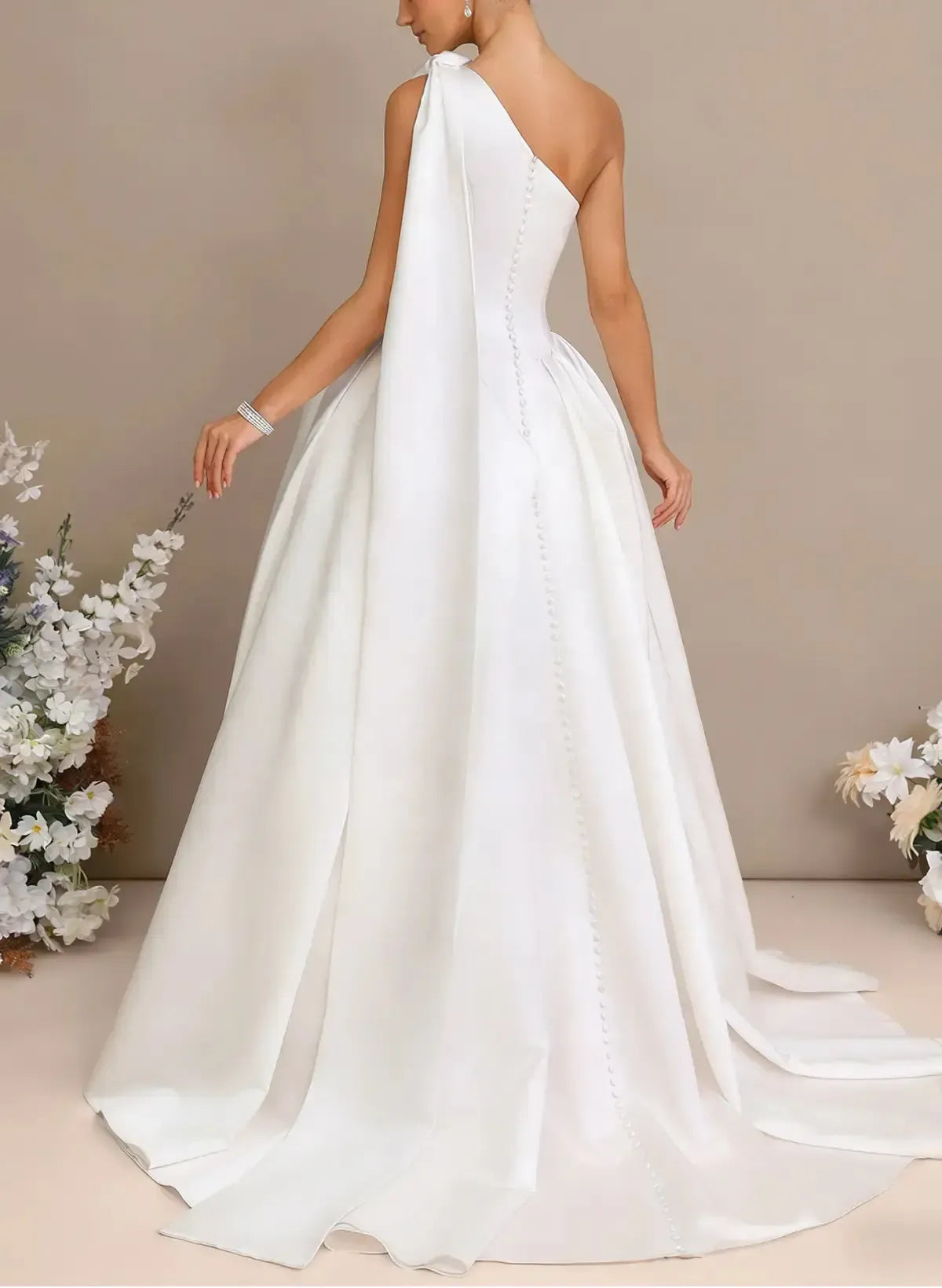 Dressystars Ball Gown One Shoulder Sleeveless Chapel Train Satin Wedding Dress with Bow