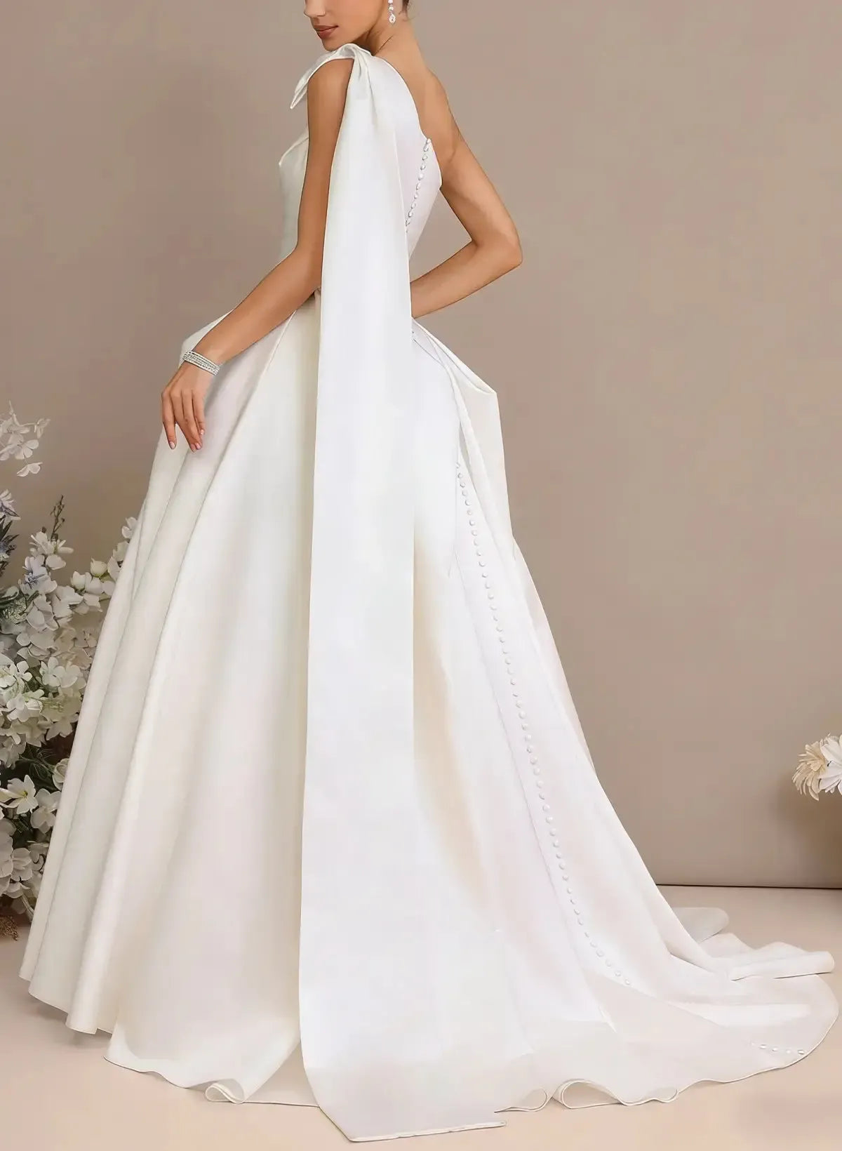 Dressystars Ball Gown One Shoulder Sleeveless Chapel Train Satin Wedding Dress with Bow