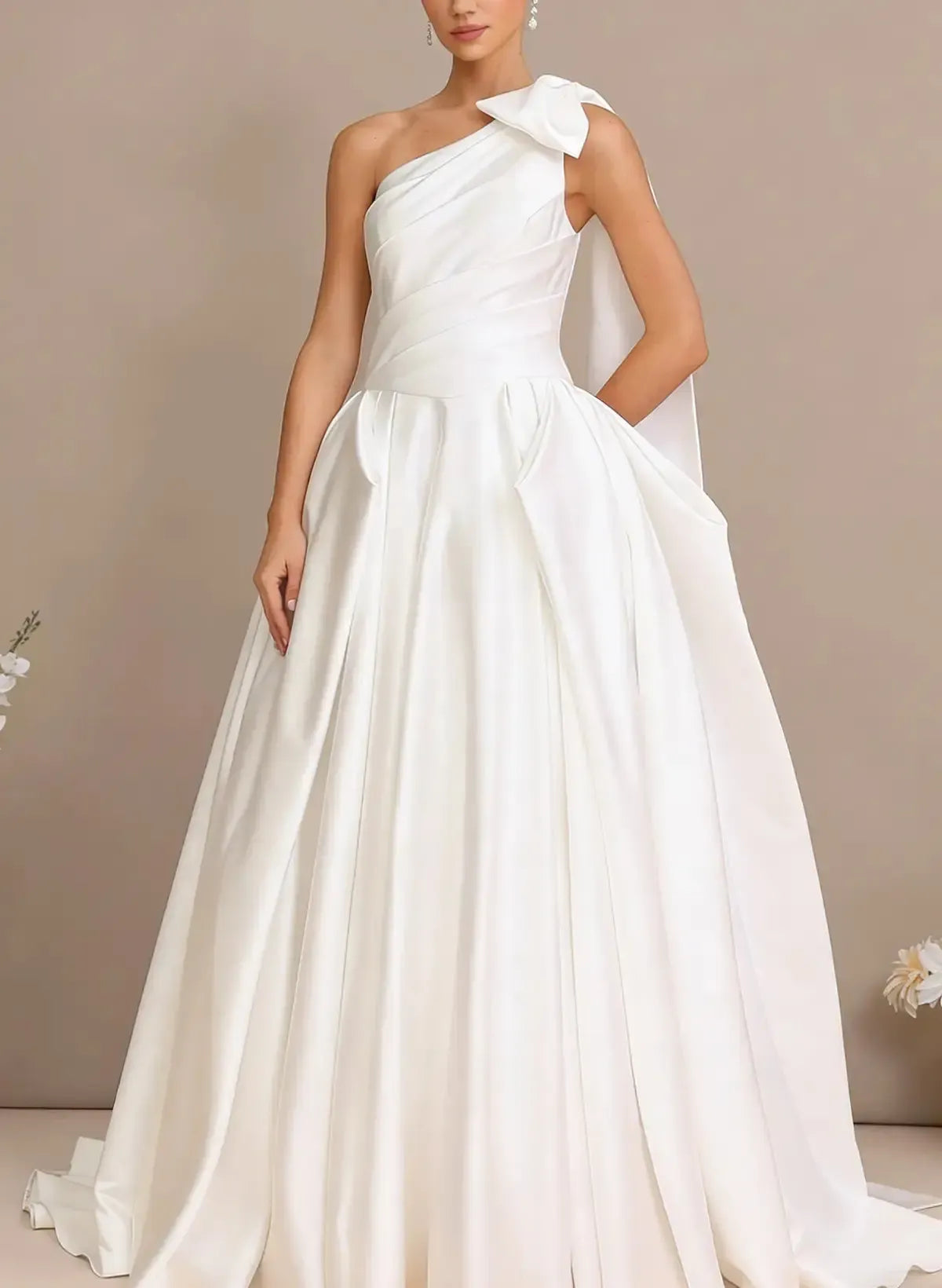 Dressystars Ball Gown One Shoulder Sleeveless Chapel Train Satin Wedding Dress with Bow