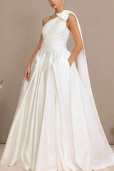 Dressystars Ball Gown One Shoulder Sleeveless Chapel Train Satin Wedding Dress with Bow