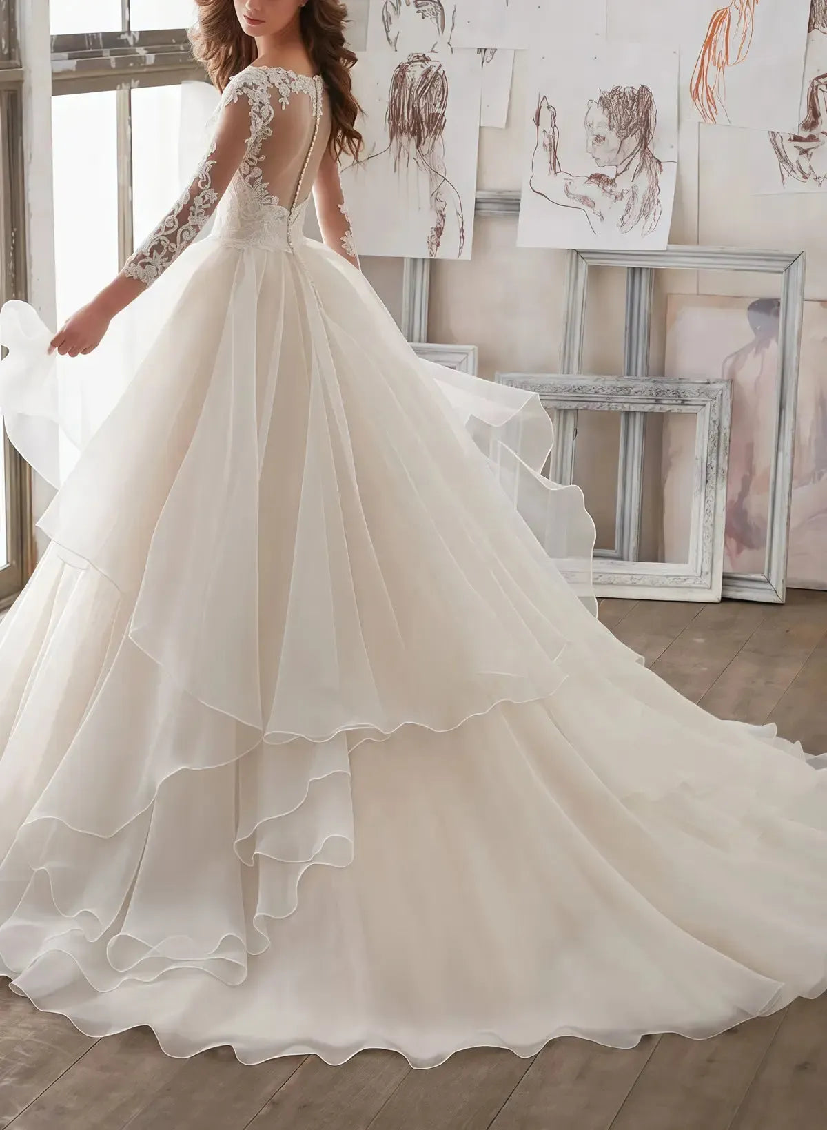 Dressystars Ball Gown V Neck Three Quarter Sleeves Court Train Satin Organza Wedding Dress with Appliques