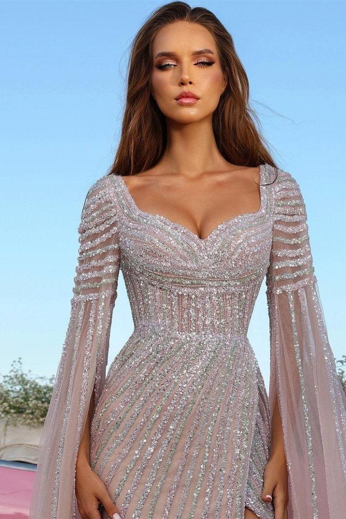 Dressystars Beaded Cap Sleeve Prom Dress Sheath Formal Dress with Slit
